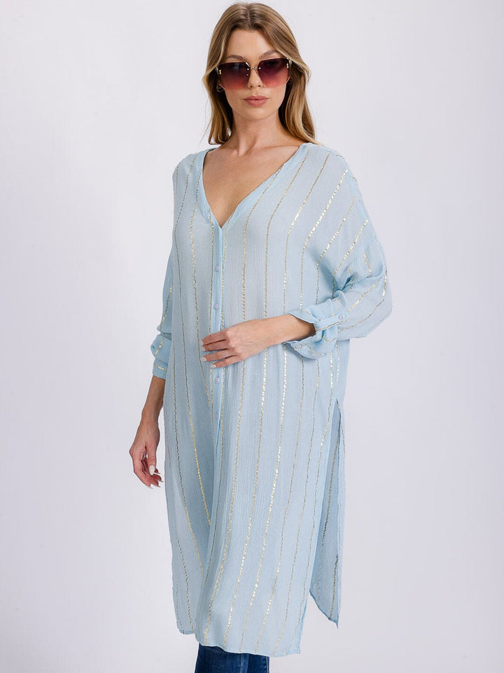 WOMEN'S LONG SLEEVE BUTTON UP SLIT SHIMMER TUNIC TOP