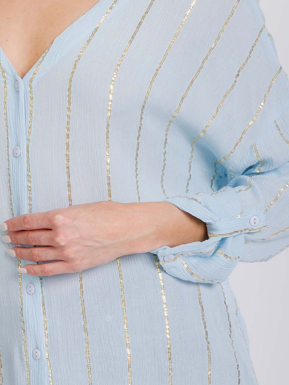 WOMEN'S LONG SLEEVE BUTTON UP SLIT SHIMMER TUNIC TOP