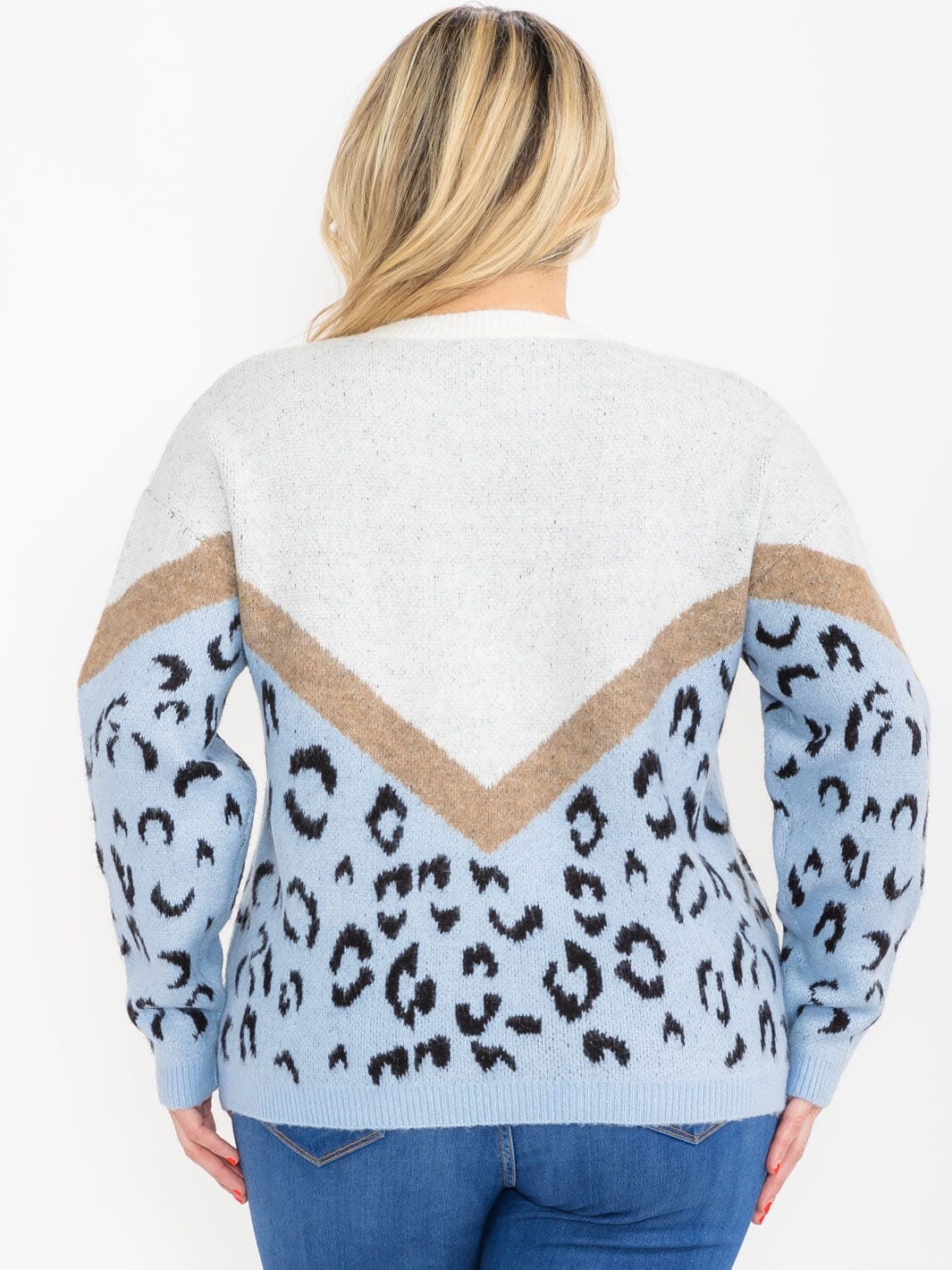 PLUS SIZE LONG SLEEVE COLORBLOCK ANIMAL PRINT PULLOVER SWEATER