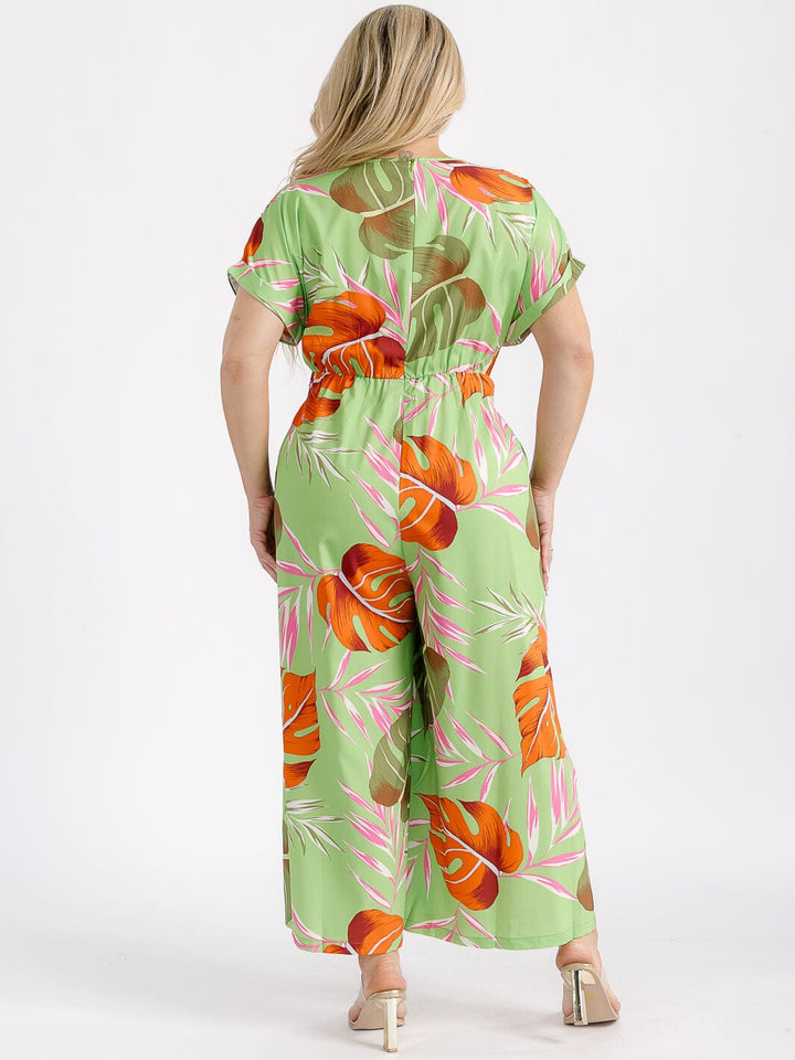PLUS SIZE SHORT SLEEVE SURPLICE ELASTIC WAIST LEAF PRINT WIDE LEG JUMPSUIT
