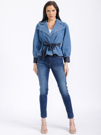 WOMEN'S LONG SLEEVE SELF TIE COLORBLOCK DENIM JACKET