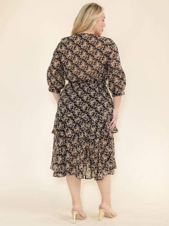PLUS SIZE 3/4 SLEEVES SURPLICE ELASTIC WAIST SELF TIE FLORAL PRINT MIDI DRESS
