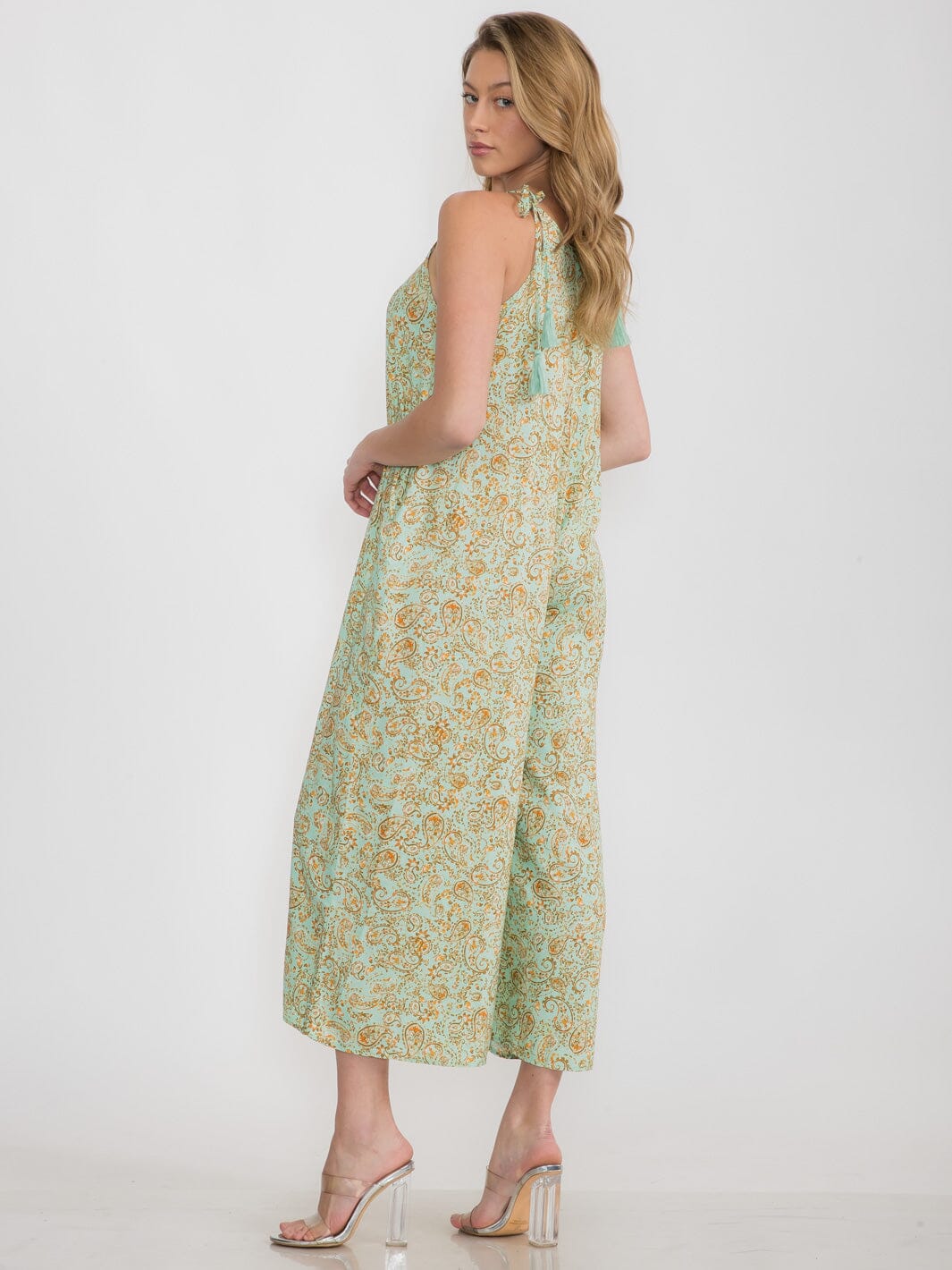 WOMEN'S SLEEVELESS FRONT POCKETS WIDE LEG PAISLEY PRINT JUMPSUIT