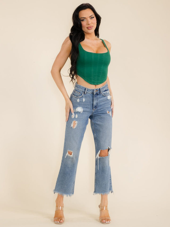 WOMEN'S SLEEVELESS ZIPPER CLOSURE DENIM CROP TOP
