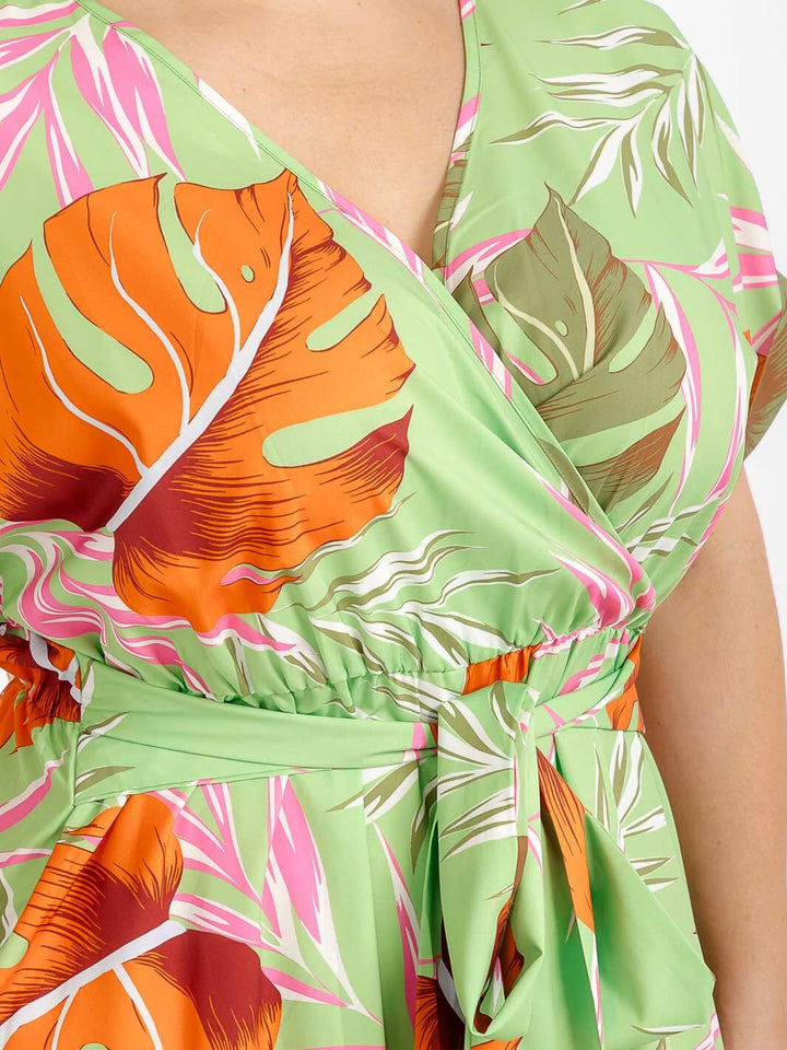 PLUS SIZE SHORT SLEEVE SURPLICE ELASTIC WAIST LEAF PRINT WIDE LEG JUMPSUIT