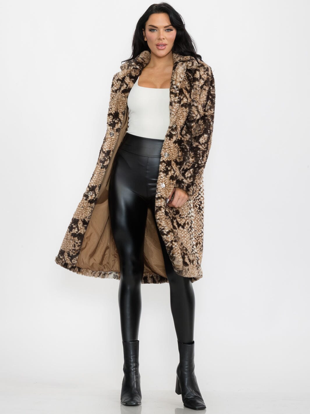 WOMEN'S LONG SLEEVE BUTTON CLOSURE FRONT POCKETS FAUX FUR SNAKE PRINT COAT