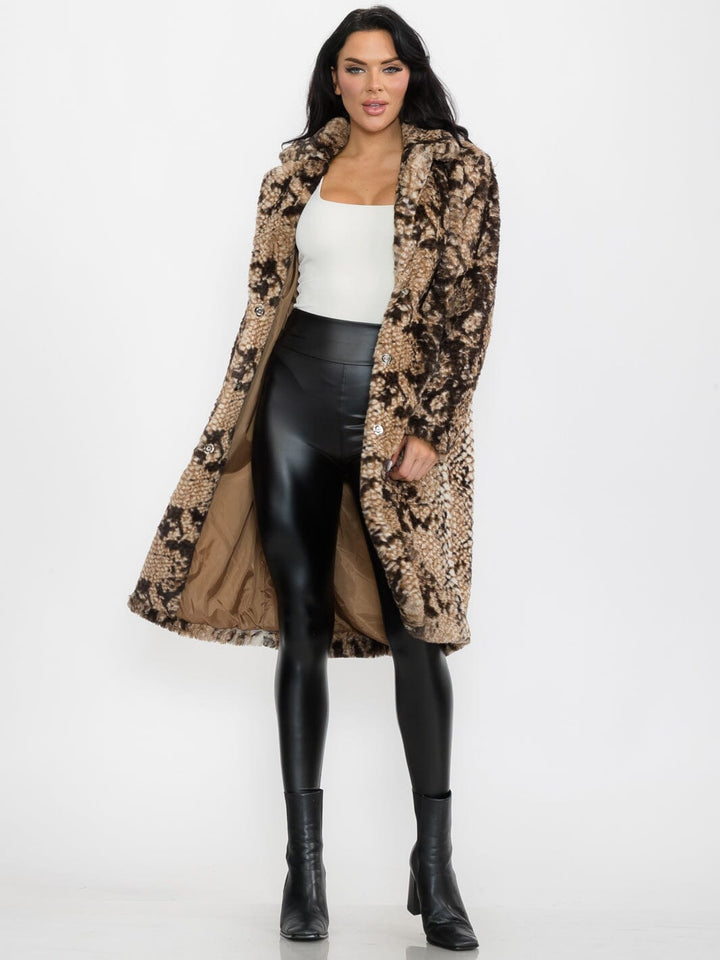 WOMEN'S LONG SLEEVE BUTTON CLOSURE FRONT POCKETS FAUX FUR SNAKE PRINT COAT