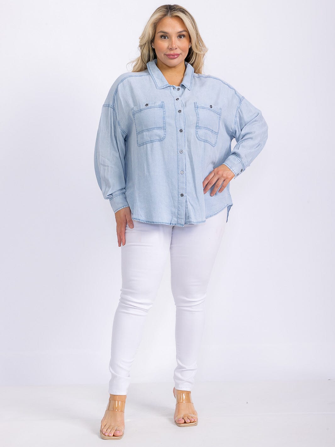 PLUS SIZE LONG SLEEVE FRONT POCKETS BUTTON UP CHAMBRAY TOP