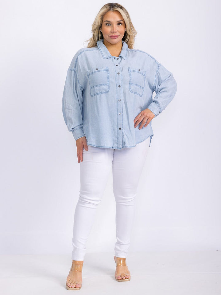 PLUS SIZE LONG SLEEVE FRONT POCKETS BUTTON UP CHAMBRAY TOP