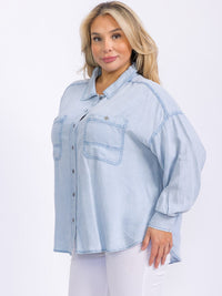PLUS SIZE LONG SLEEVE FRONT POCKETS BUTTON UP CHAMBRAY TOP