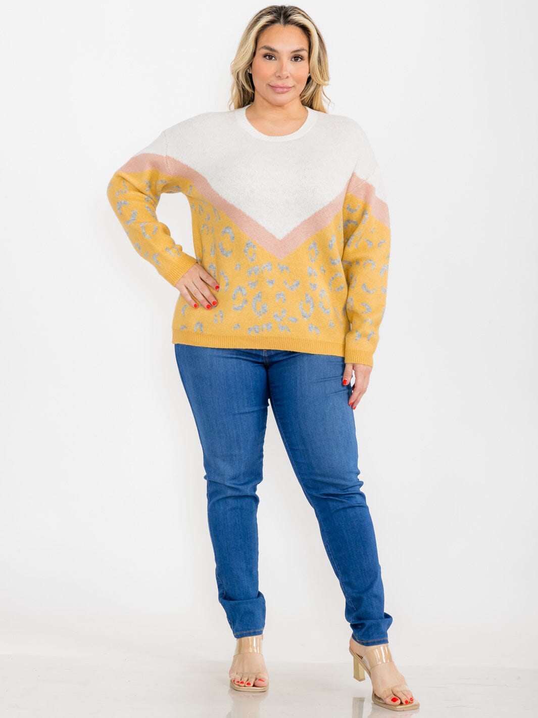PLUS SIZE LONG SLEEVE COLORBLOCK ANIMAL PRINT PULLOVER SWEATER
