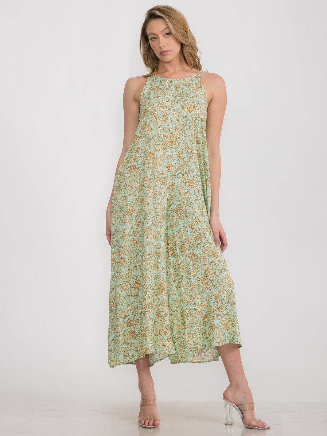 WOMEN'S SLEEVELESS FRONT POCKETS WIDE LEG PAISLEY PRINT JUMPSUIT