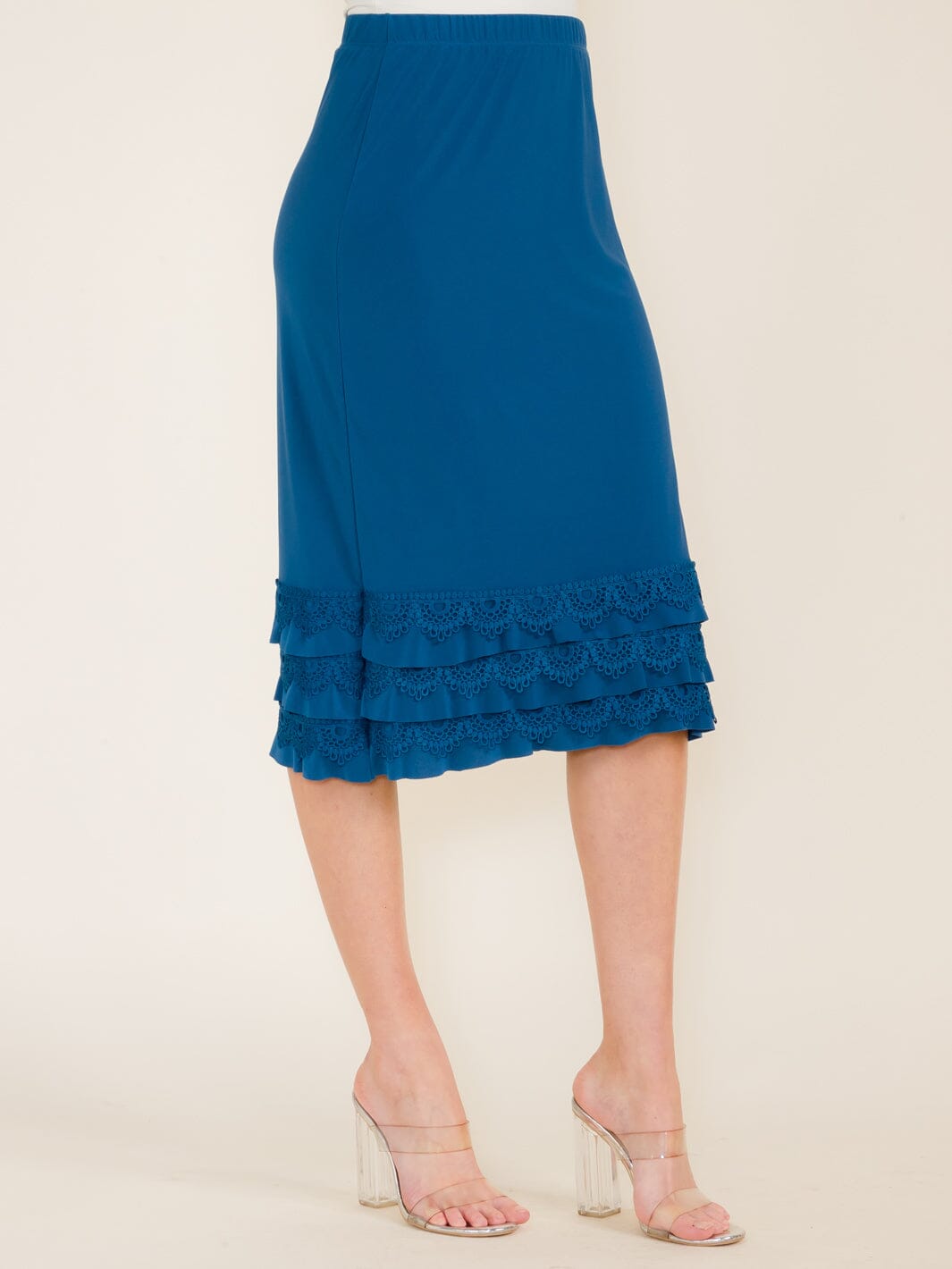 WOMEN'S ELASTIC WAIST CROCHET BOTTOM HEM MIDI SKIRT