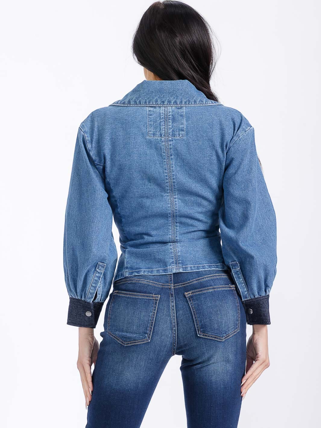 WOMEN'S LONG SLEEVE SELF TIE COLORBLOCK DENIM JACKET