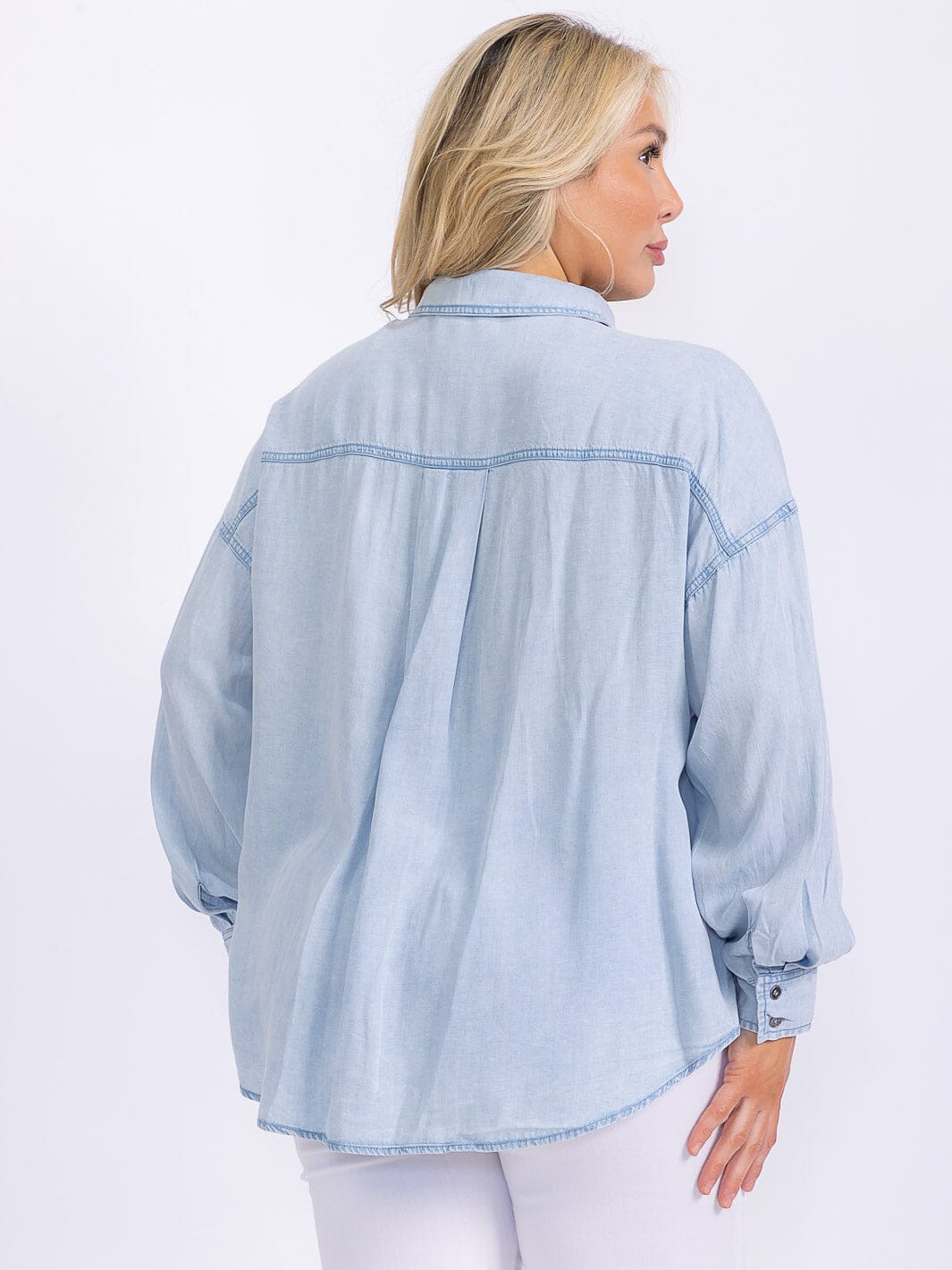 PLUS SIZE LONG SLEEVE FRONT POCKETS BUTTON UP CHAMBRAY TOP