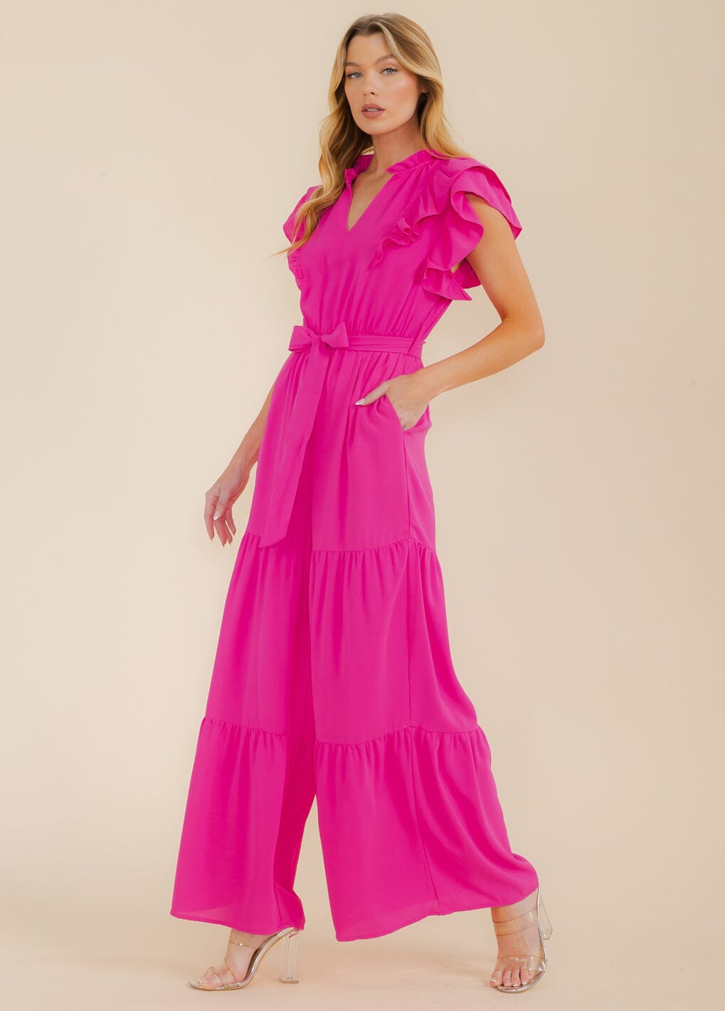 WOMEN'S SHORT RUFFLE SLEEVE V-NECK FRONT POCKETS WIDE LEG JUMPSUIT