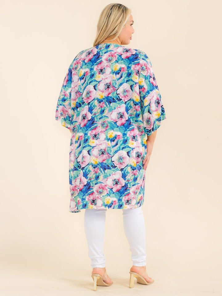 PLUS SIZE SHORT SLEEVE OPEN FRONT FLORAL PRINT CARDIGAN