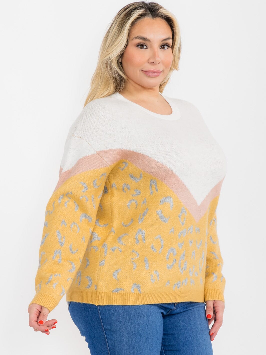 PLUS SIZE LONG SLEEVE COLORBLOCK ANIMAL PRINT PULLOVER SWEATER