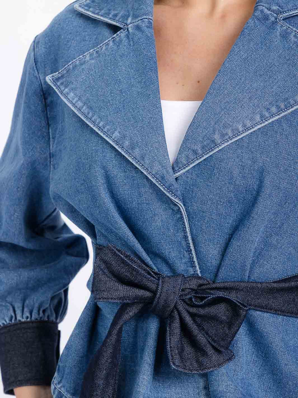 WOMEN'S LONG SLEEVE SELF TIE COLORBLOCK DENIM JACKET