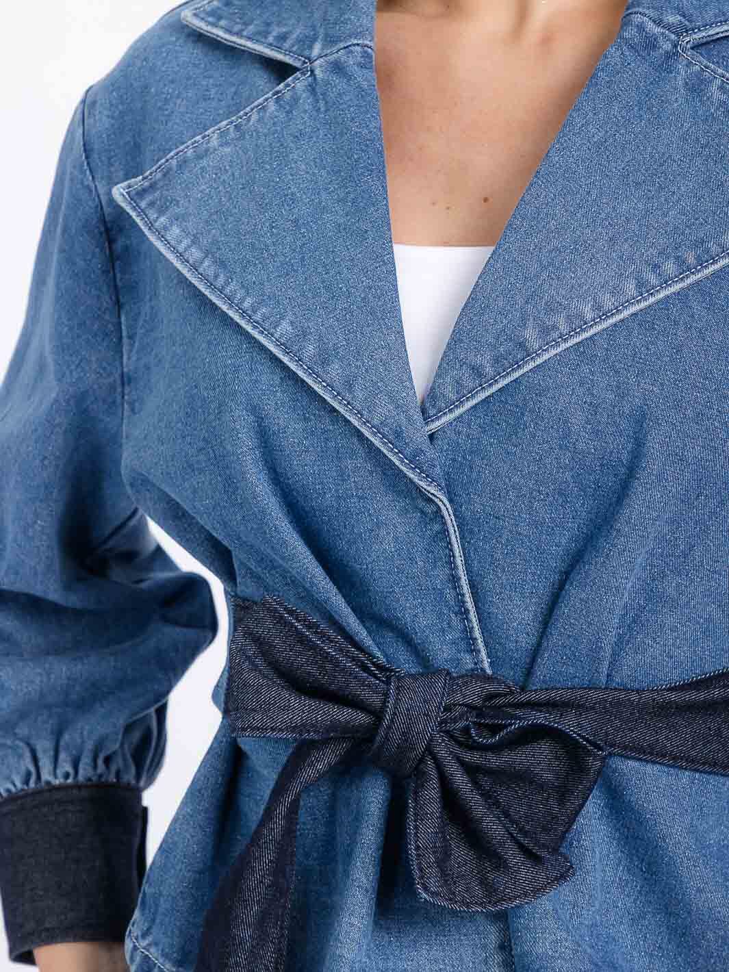 WOMEN'S LONG SLEEVE SELF TIE COLORBLOCK DENIM JACKET