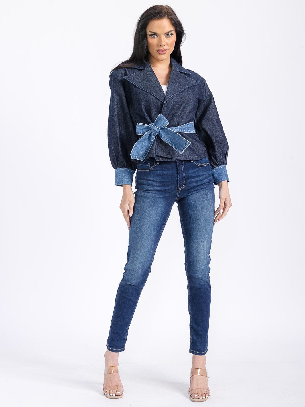 WOMEN'S LONG SLEEVE SELF TIE COLORBLOCK DENIM JACKET