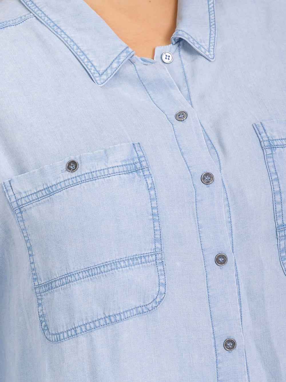 PLUS SIZE LONG SLEEVE FRONT POCKETS BUTTON UP CHAMBRAY TOP
