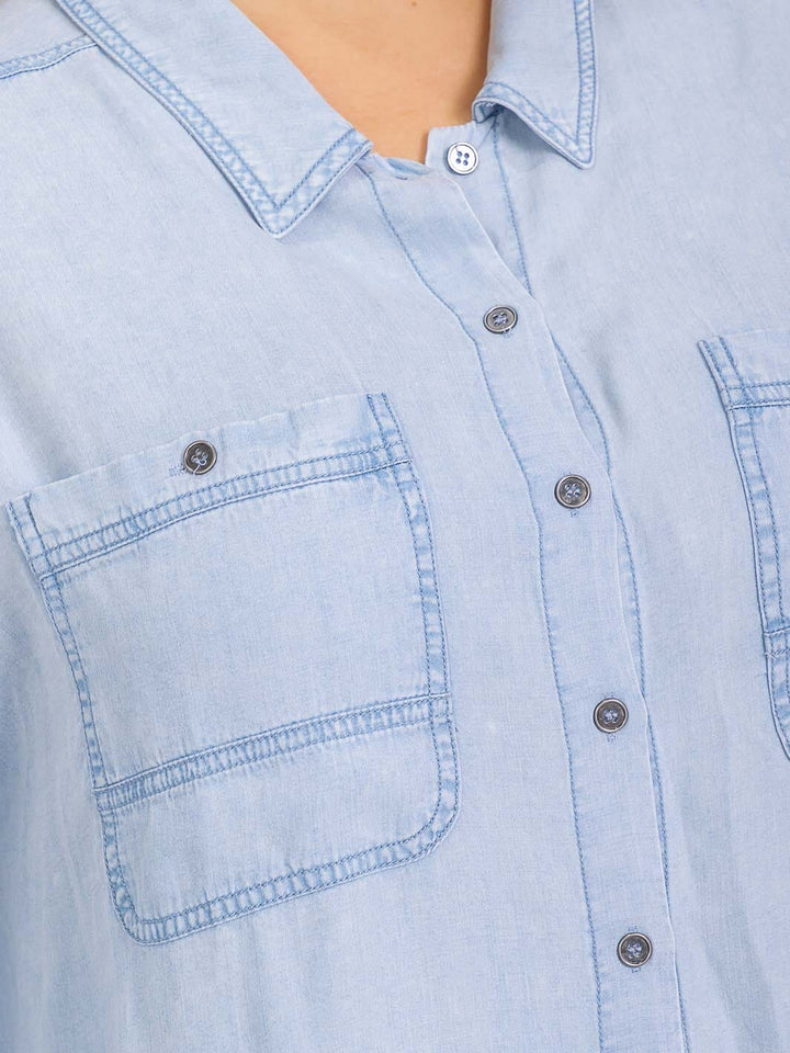 PLUS SIZE LONG SLEEVE FRONT POCKETS BUTTON UP CHAMBRAY TOP