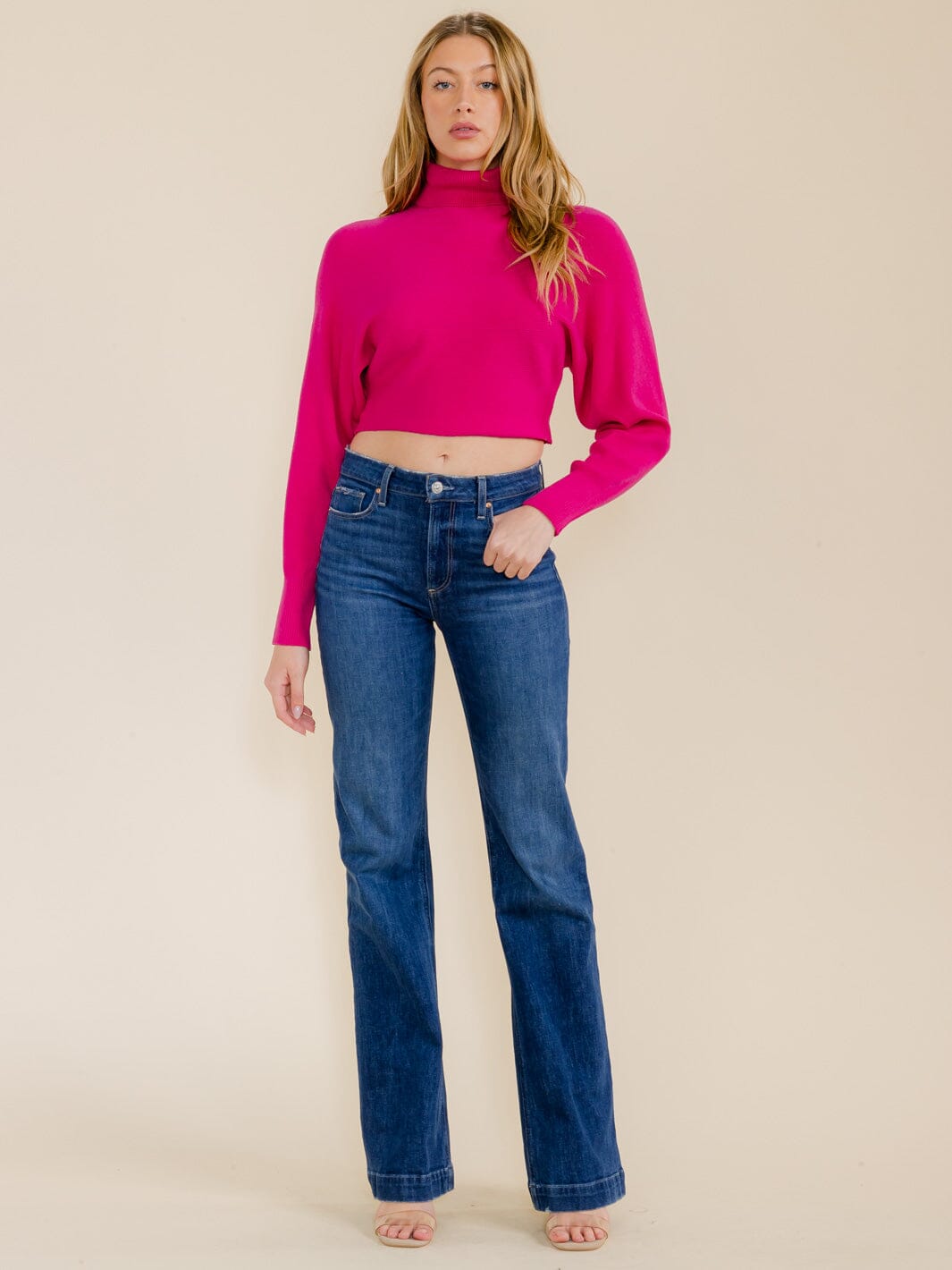 WOMEN'S LONG SLEEVE TURTLENECK CROP RIBBED TOP