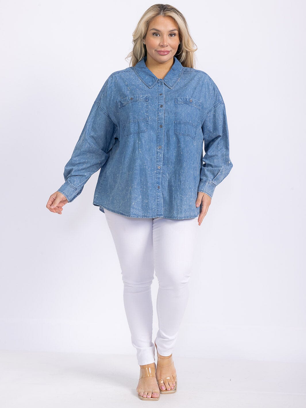 PLUS SIZE LONG SLEEVE FRONT POCKETS BUTTON UP CHAMBRAY TOP
