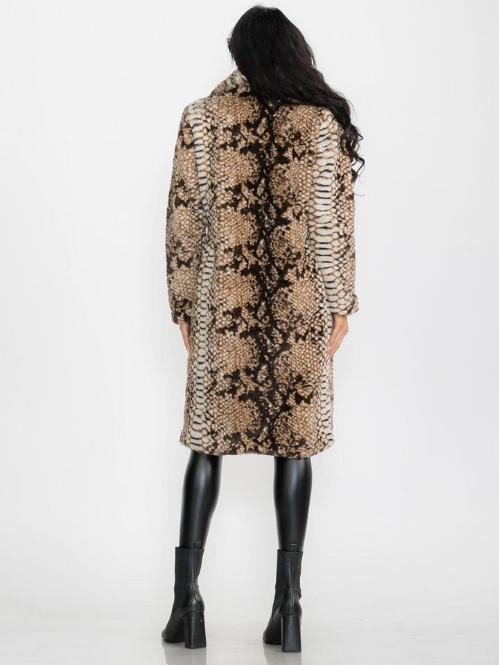 WOMEN'S LONG SLEEVE BUTTON CLOSURE FRONT POCKETS FAUX FUR SNAKE PRINT COAT