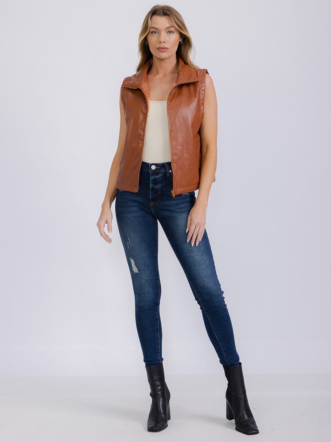 WOMEN'S SLEEVELESS ZIP UP FRONT POCKETS PU PLEATHER VEST