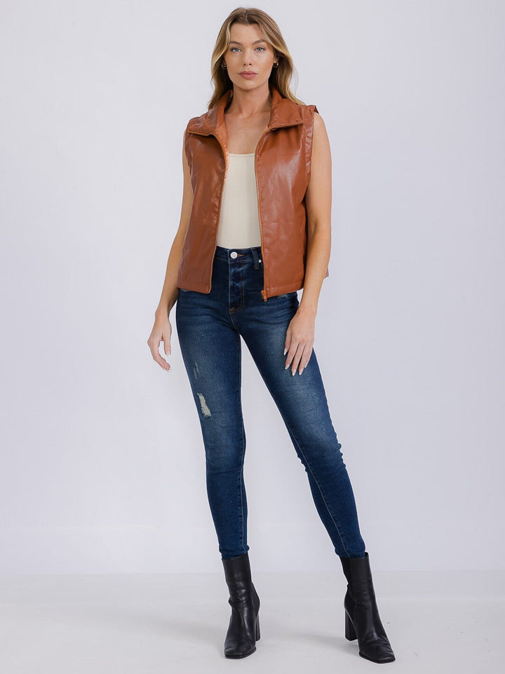 WOMEN'S SLEEVELESS ZIP UP FRONT POCKETS PU PLEATHER VEST