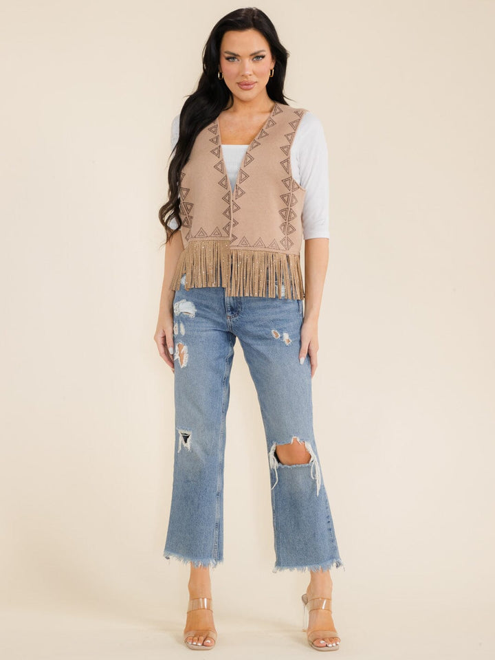 WOMEN'S SLEEVELESS OPEN FRONT FRINGE DETAILED VEST