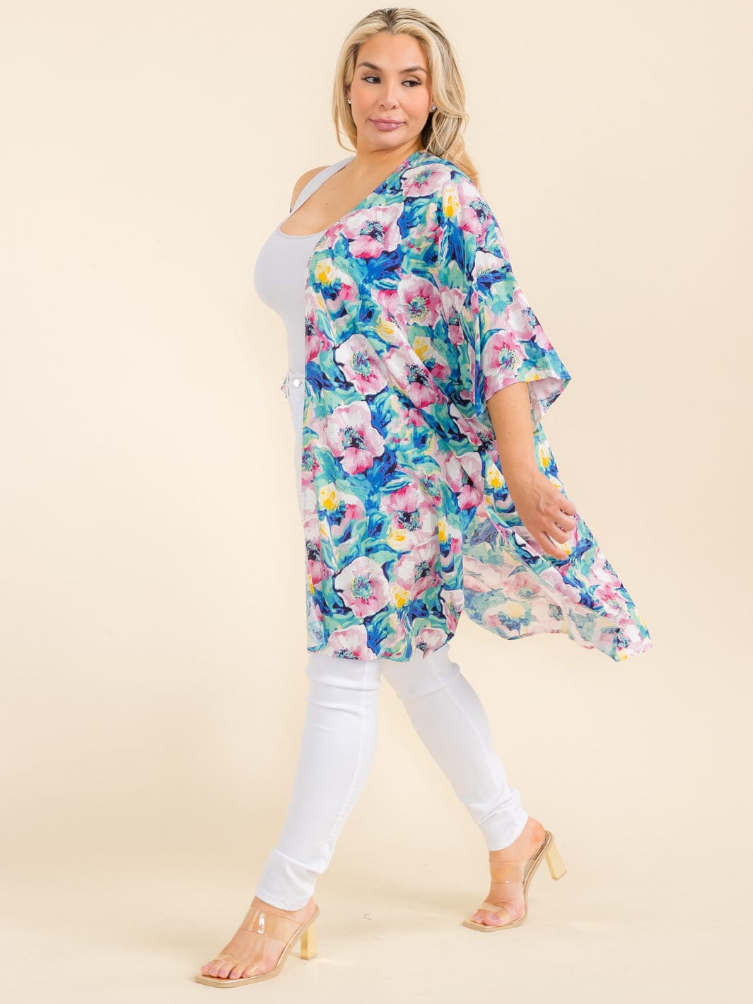 PLUS SIZE SHORT SLEEVE OPEN FRONT FLORAL PRINT CARDIGAN