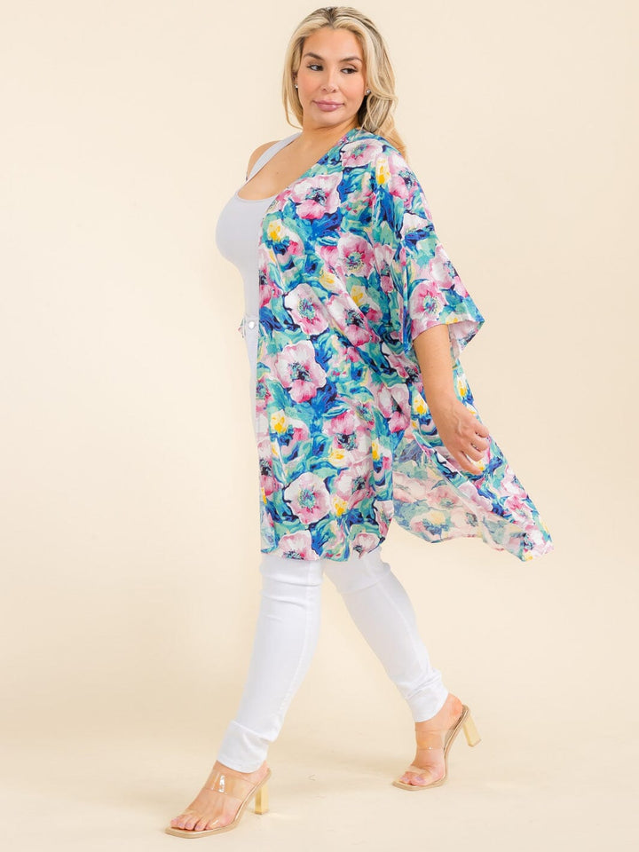 PLUS SIZE SHORT SLEEVE OPEN FRONT FLORAL PRINT CARDIGAN
