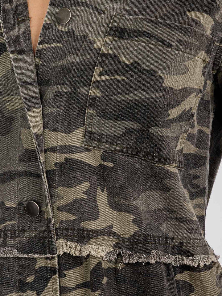 WOMEN'S LONG SLEEVE BUTTON CLOSURE FRONT POCKET CAMO PRINT DENIM MINI DRESS