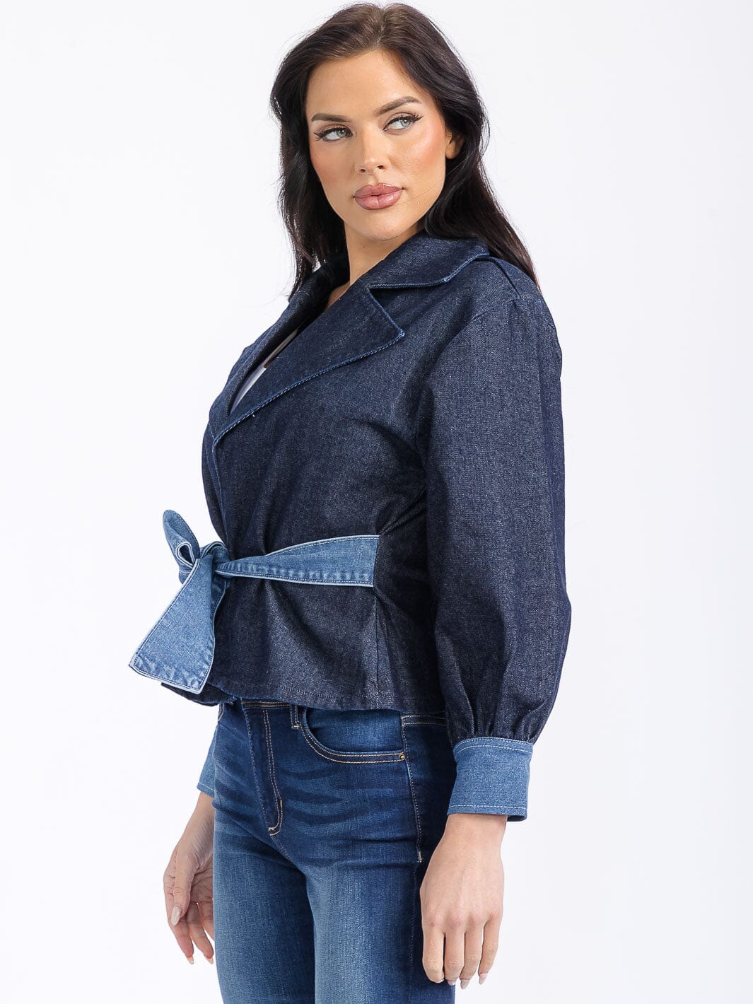 WOMEN'S LONG SLEEVE SELF TIE COLORBLOCK DENIM JACKET