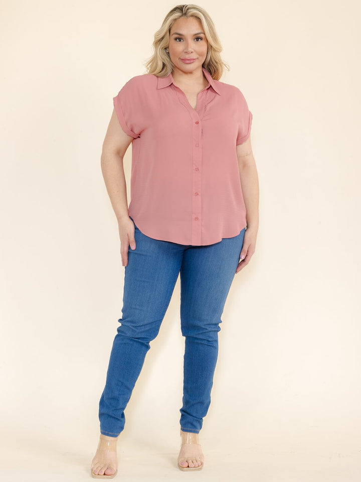 PLUS SIZE SHORT SLEEVE V-NECK BUTTON CLOSURE BLOUSE