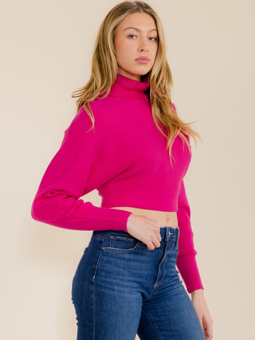 WOMEN'S LONG SLEEVE TURTLENECK CROP RIBBED TOP