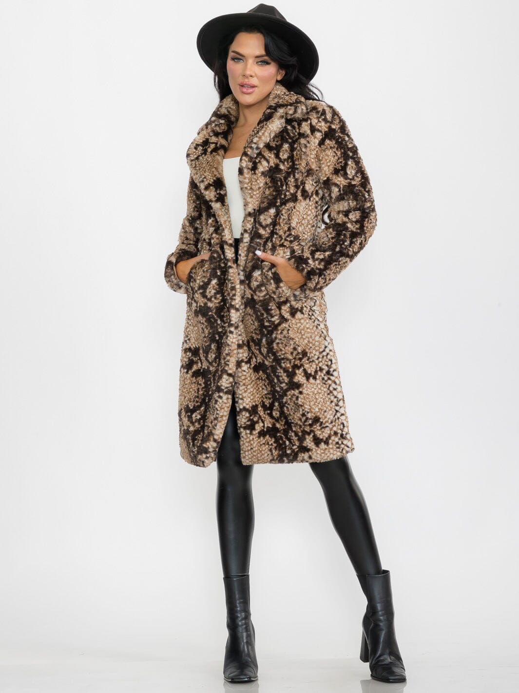 WOMEN'S LONG SLEEVE BUTTON CLOSURE FRONT POCKETS FAUX FUR SNAKE PRINT COAT