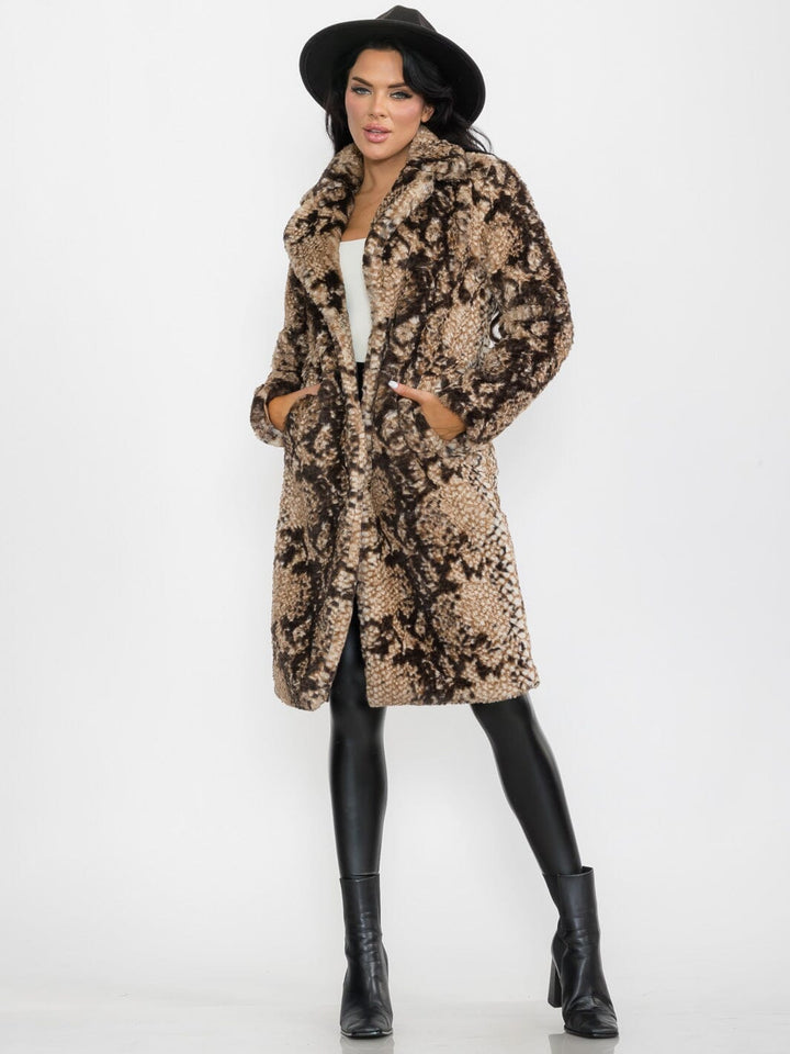 WOMEN'S LONG SLEEVE BUTTON CLOSURE FRONT POCKETS FAUX FUR SNAKE PRINT COAT