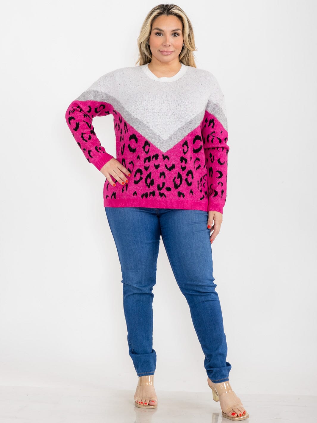 PLUS SIZE LONG SLEEVE COLORBLOCK ANIMAL PRINT PULLOVER SWEATER