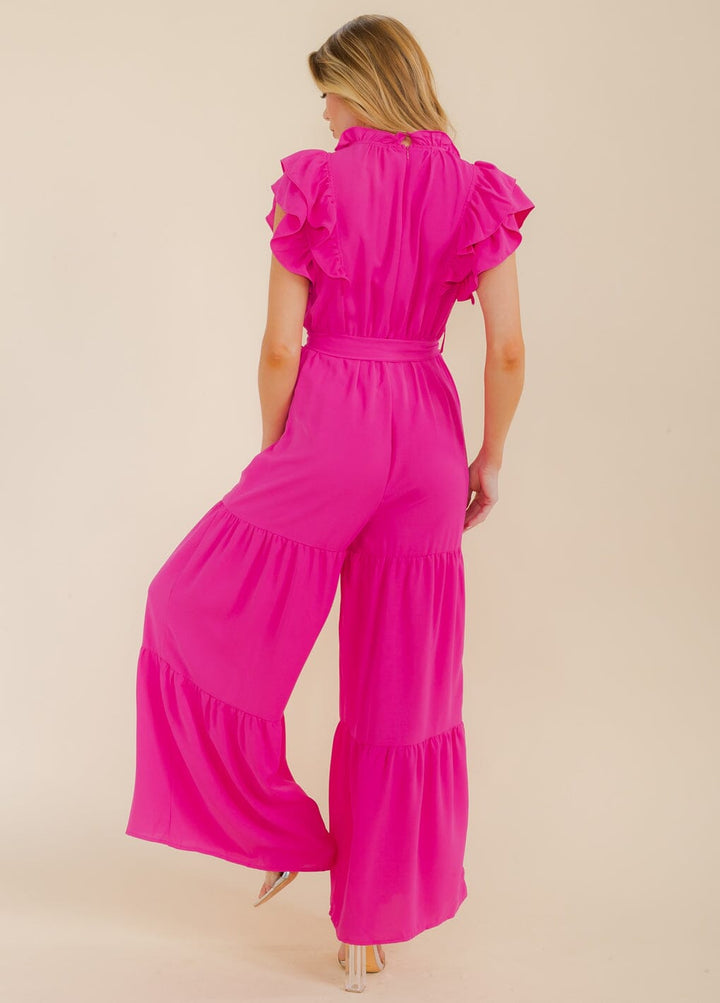 WOMEN'S SHORT RUFFLE SLEEVE V-NECK FRONT POCKETS WIDE LEG JUMPSUIT