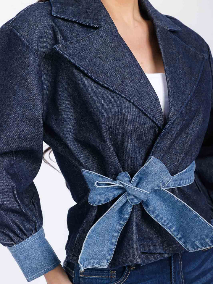 WOMEN'S LONG SLEEVE SELF TIE COLORBLOCK DENIM JACKET