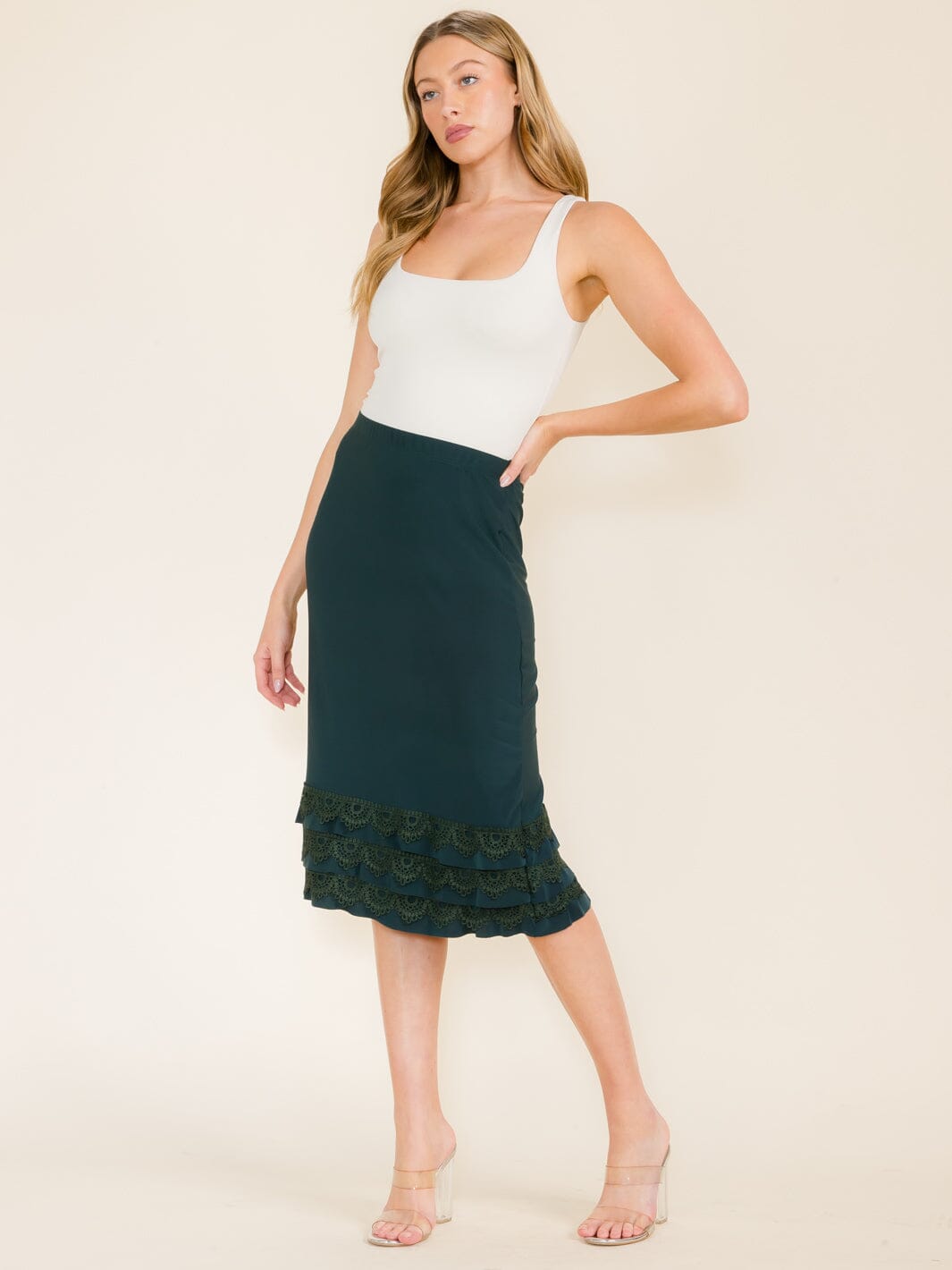 WOMEN'S ELASTIC WAIST CROCHET BOTTOM HEM MIDI SKIRT