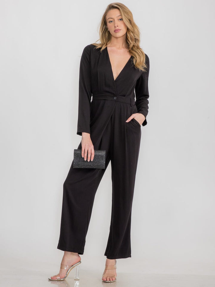 WOMEN'S LONG SLEEVE FRONT POCKETS V-NECK WIDE LEG JUMPSUIT