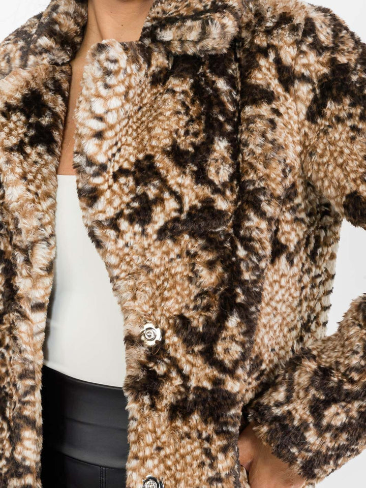 WOMEN'S LONG SLEEVE BUTTON CLOSURE FRONT POCKETS FAUX FUR SNAKE PRINT COAT
