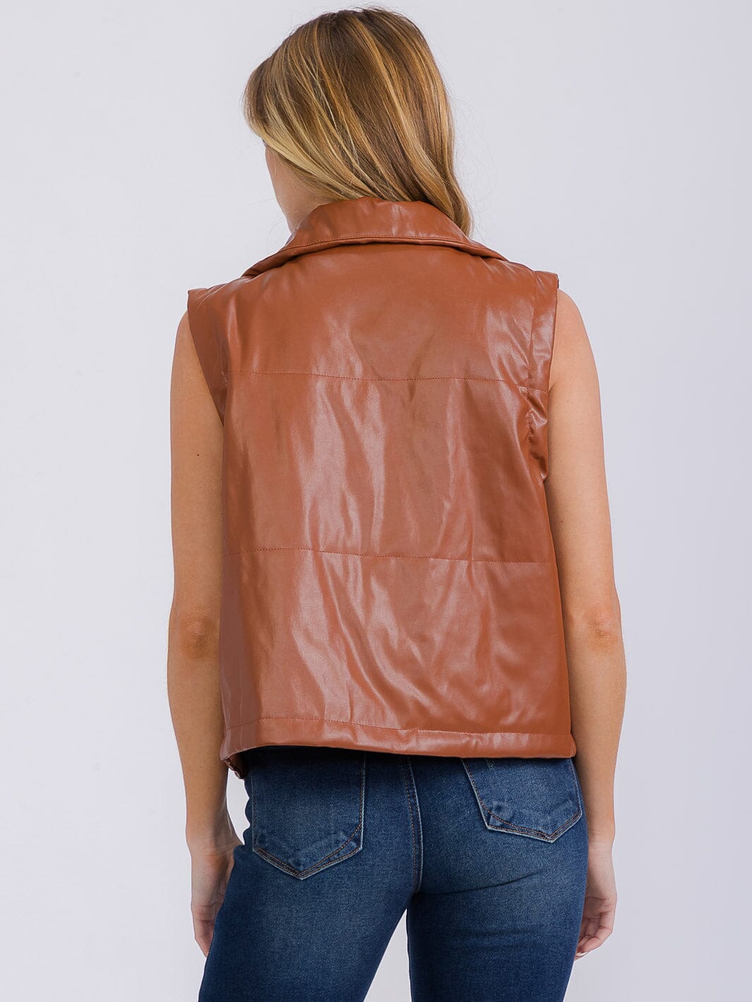 WOMEN'S SLEEVELESS ZIP UP FRONT POCKETS PU PLEATHER VEST