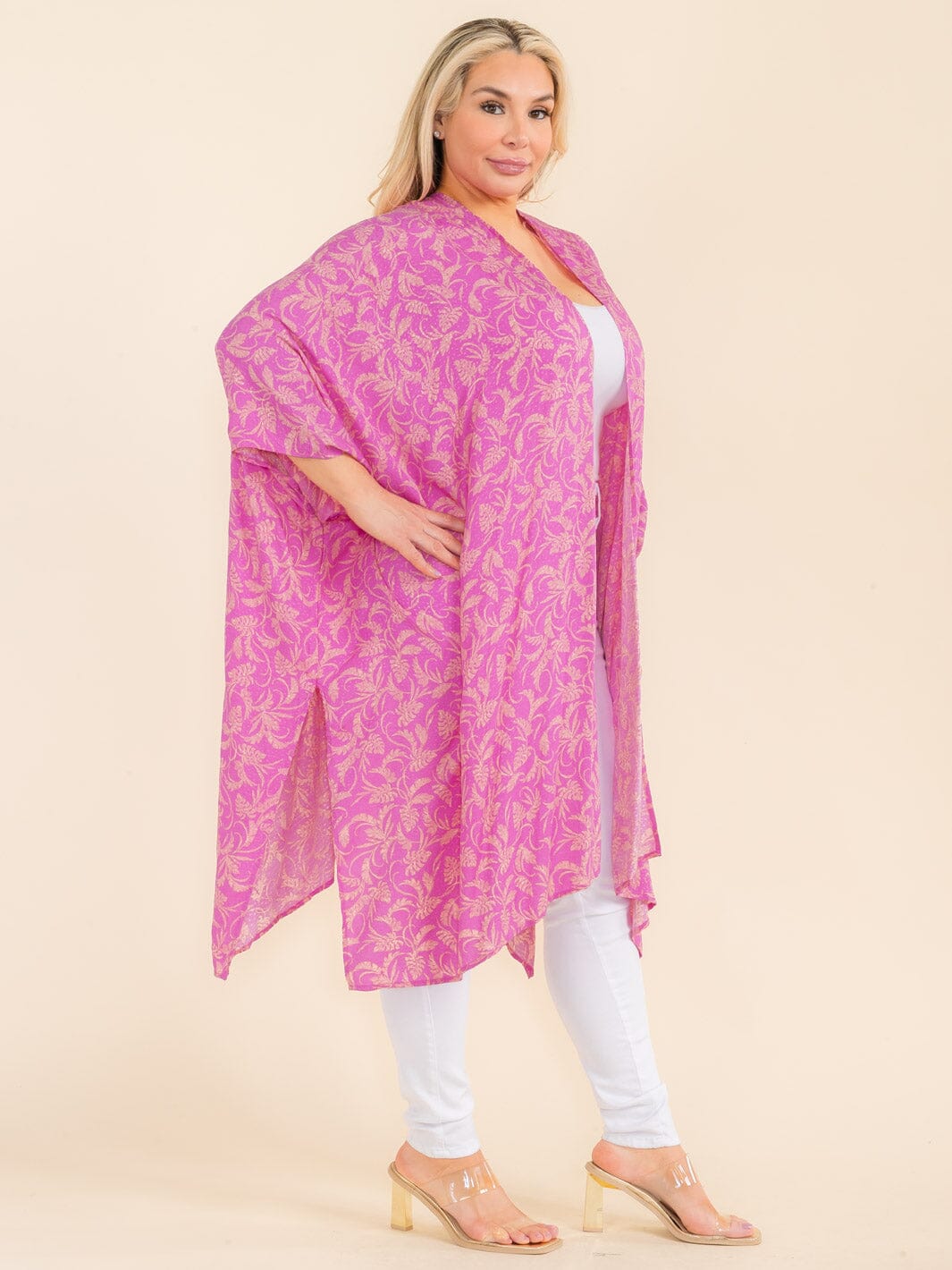 PLUS SIZE SHORT SLEEVE OPEN FRONT FLORAL PRINT CARDIGAN