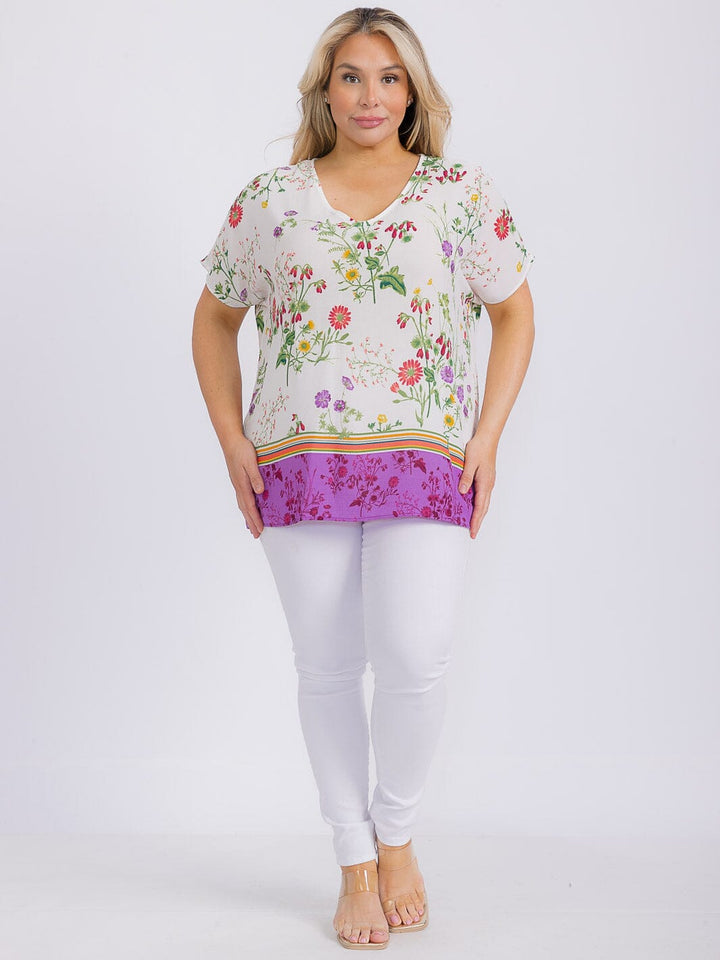 PLUS SIZE SHORT SLEEVE V-NECK FLORAL PRINT BLOUSE